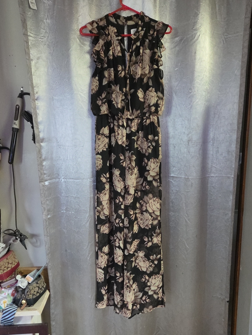 Sienna Sky Black and Cream Floral Ruffle Jumpsuit